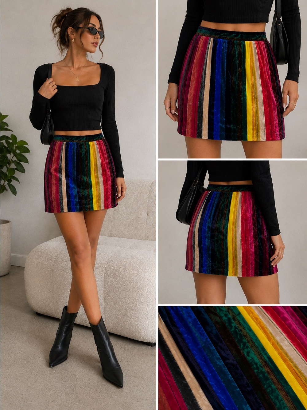 Milly - Modern Mini . Bright Multicolor Velvet Stripe Mini Skirt